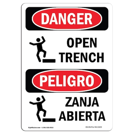 OSHA Danger Sign, Open Trench, 10in X 7in Rigid Plastic